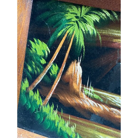 Rustic MCM Tropical Island Landscape Oil Painting With Black Velvet Wooden Frame - Picture 12 of 15